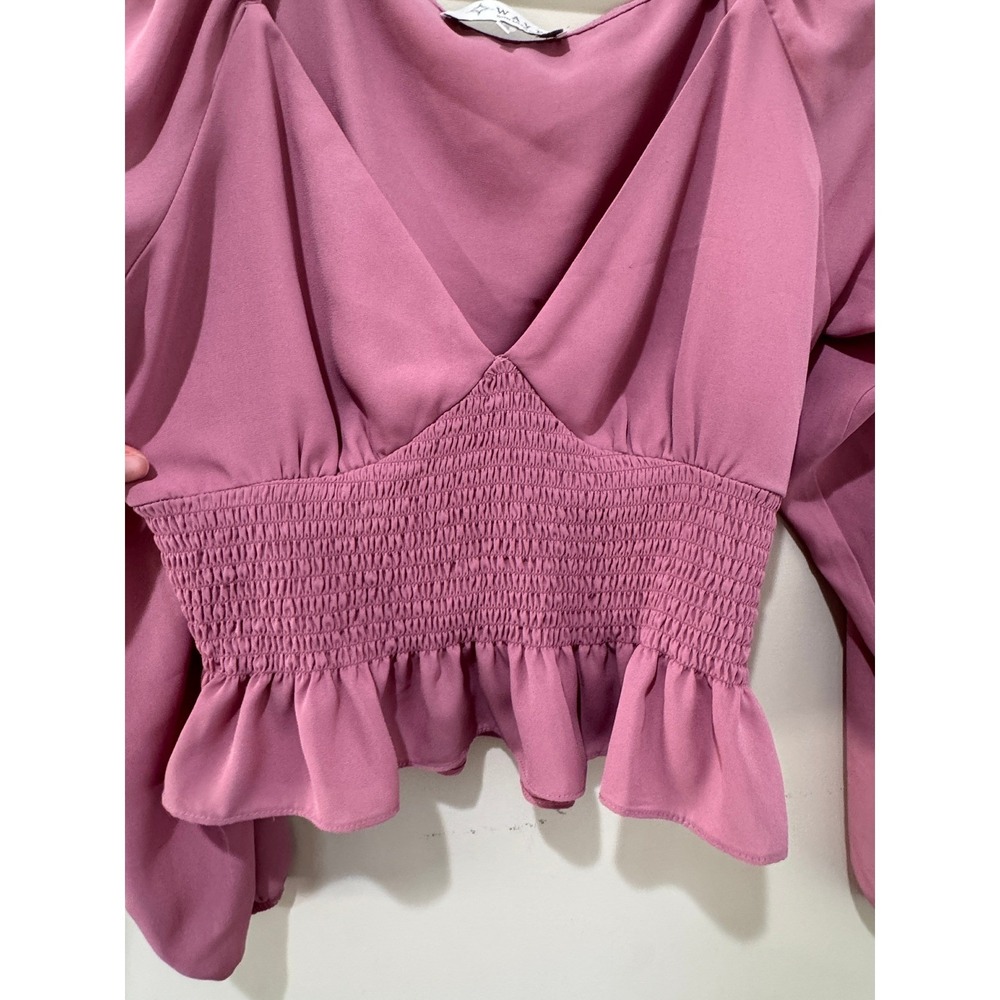 WAYF Peplum Blouse Women Small Pink Smocked Waist Puff Sleeve Romantic Coquette - Picture 5 of 10